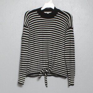 Loft petites wool blend black white striped tie front sweater